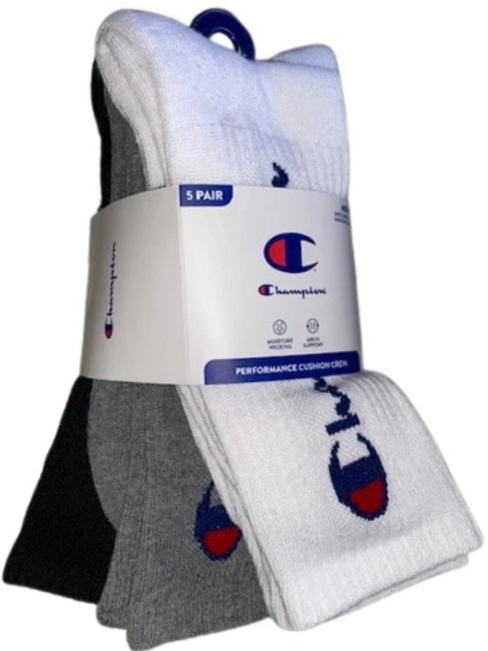 Champion 5 Pair Performance Cushion Crew Socks, Shoe Size 6-12.5